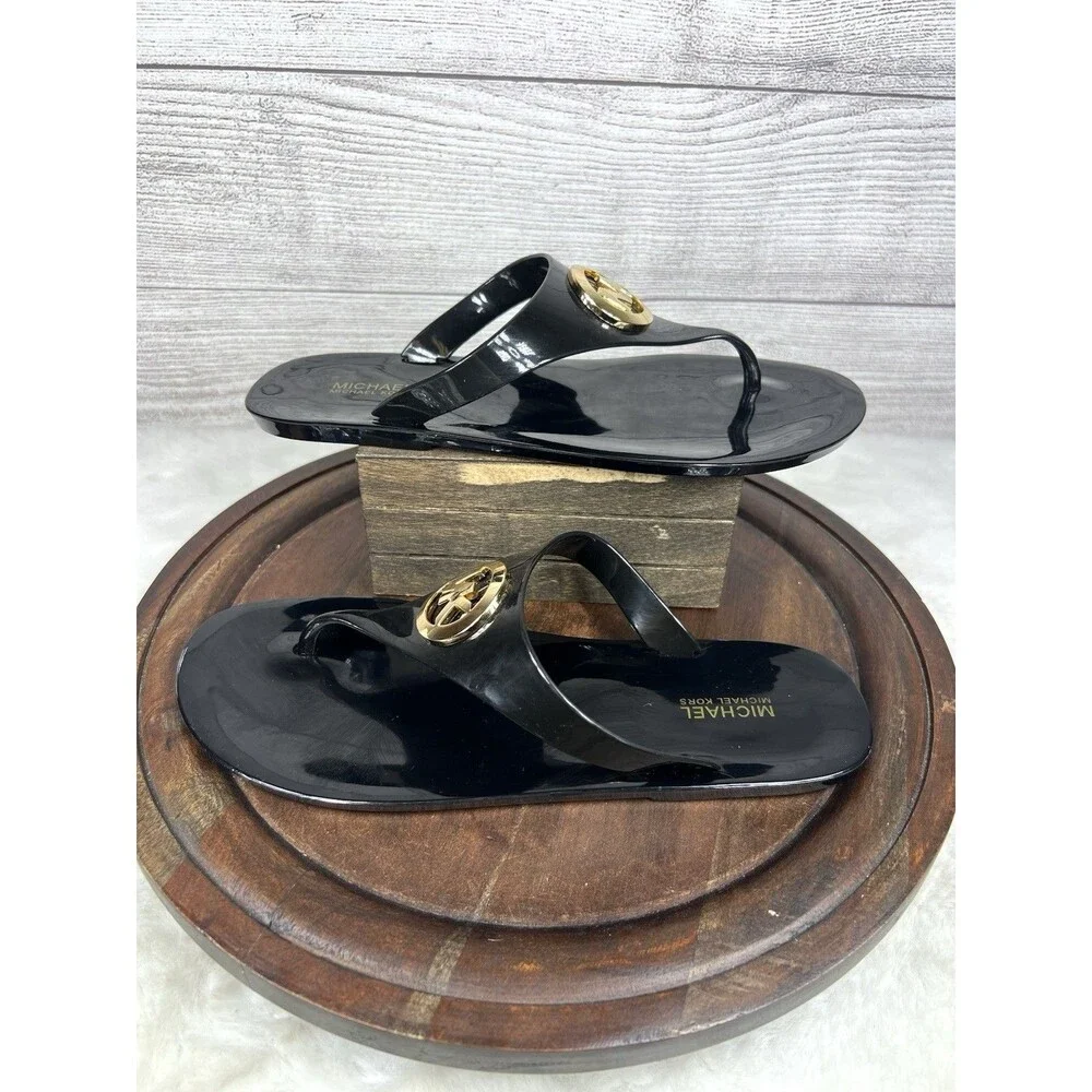 Women MK Michael Kors Lillie Jelly Thong Flat Slide Sandals PVC Black Size 8 M